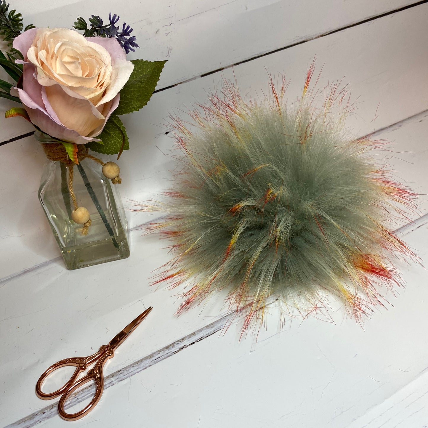 Fire & Ice coloured faux fur pom pom. Detachable option. Handmade