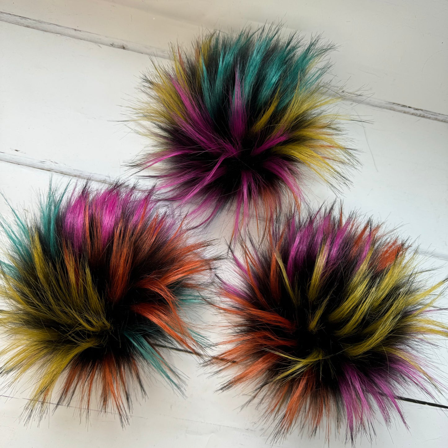 Rainbow Firework coloured faux fur pom pom. Detachable option. Handmade
