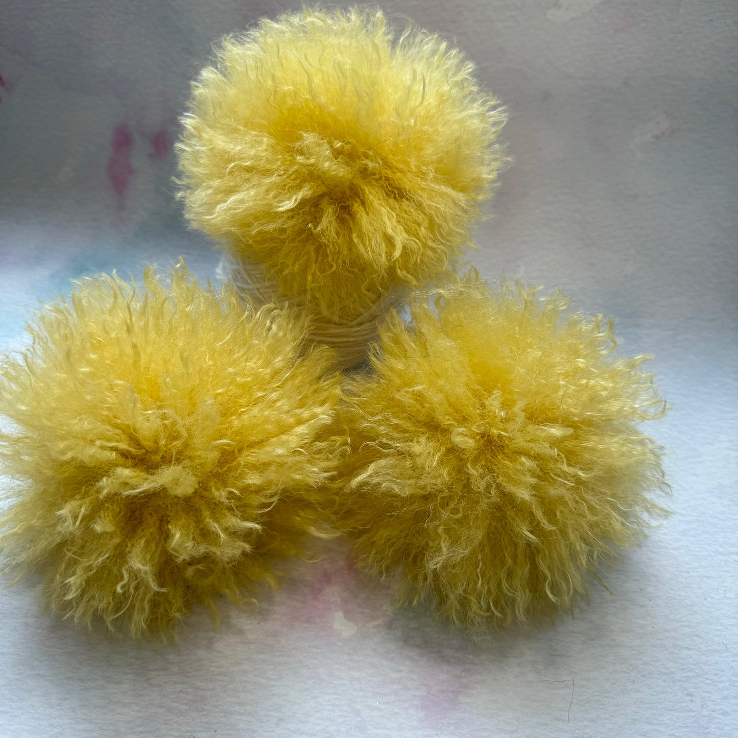 Yellow faux alpaca handmade faux fur pom pom. Detachable option