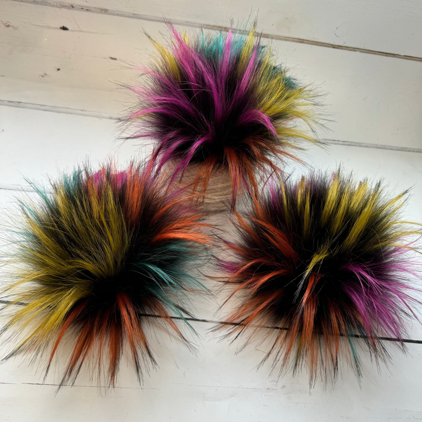 Rainbow Firework coloured faux fur pom pom. Detachable option. Handmade
