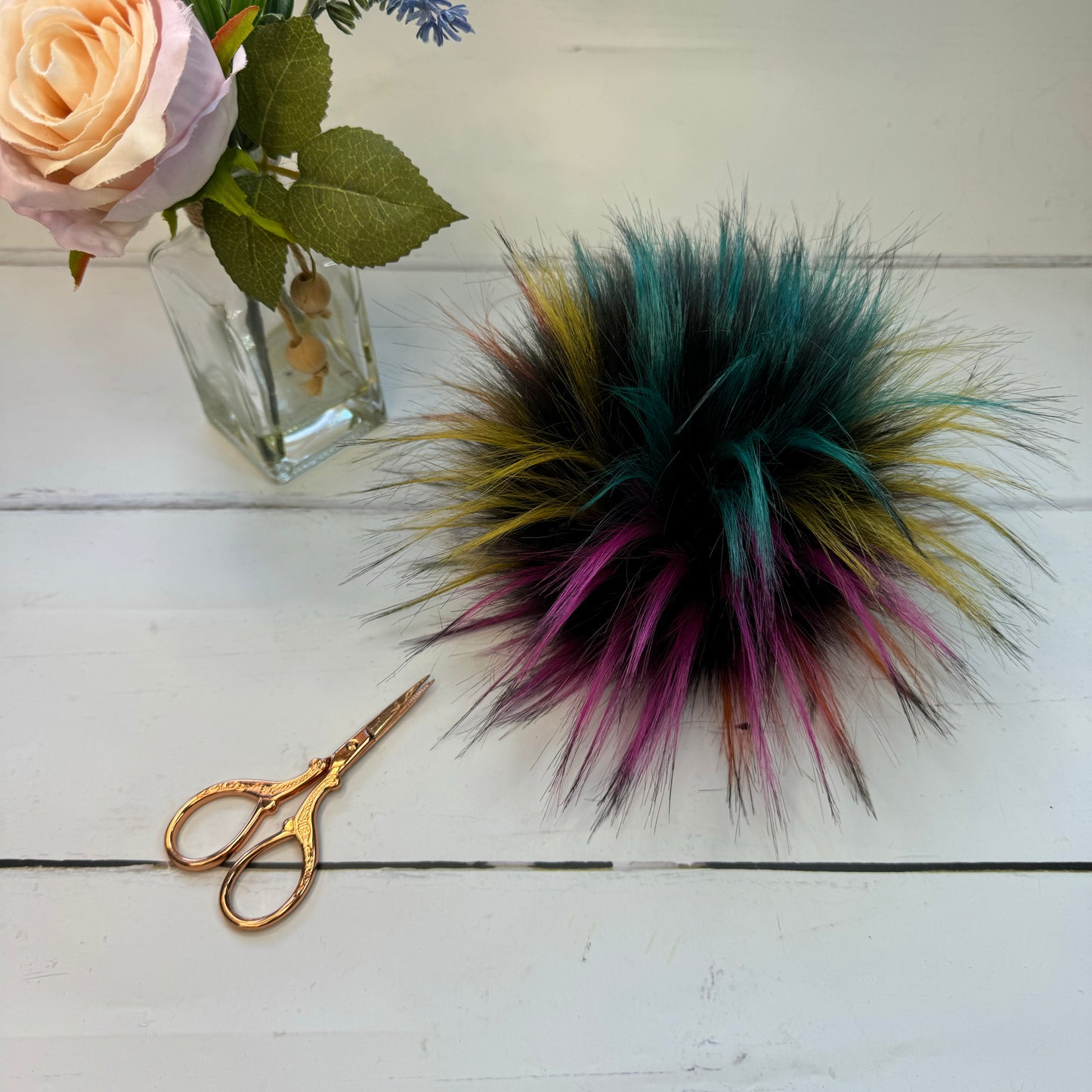 Rainbow Firework coloured faux fur pom pom. Detachable option. Handmade