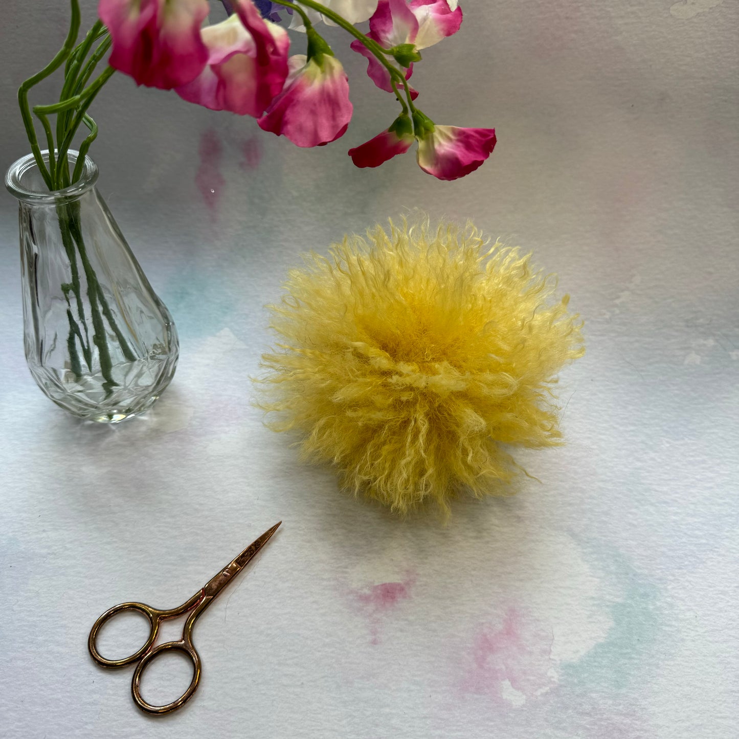Yellow faux alpaca handmade faux fur pom pom. Detachable option