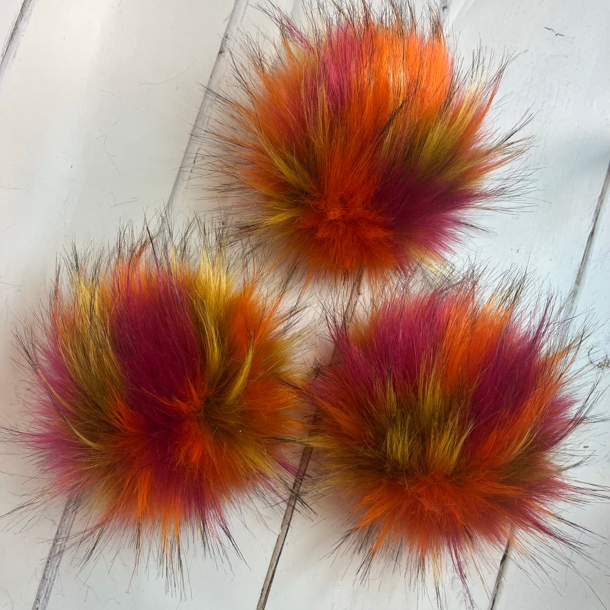 Flaming Hot coloured faux fur pom pom. Detachable option. Handmade