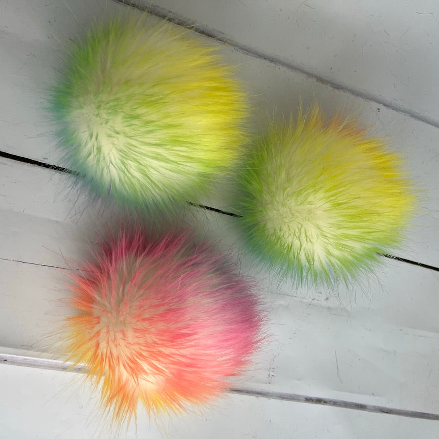 Pastel rainbow and white faux fur pom poms. Detachable option. Handmade