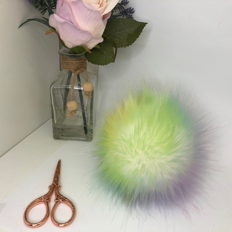 Pastel rainbow and white faux fur pom poms. Detachable option. Handmade