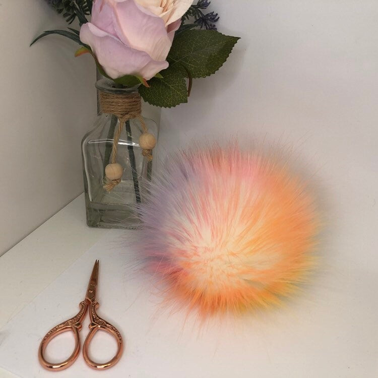 Pastel rainbow and white faux fur pom poms. Detachable option. Handmade