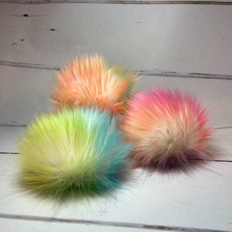 Pastel rainbow and white faux fur pom poms. Detachable option. Handmade