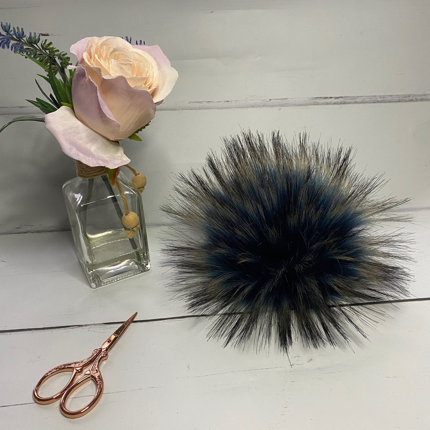 Midnight Fizz handmade faux fur pom pom. Detachable option. Handmade