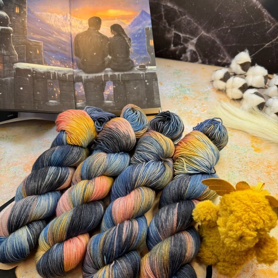The Rooftops of Aretia Gold Sparkle Sock - Fourth Wing - Hand Dyed Yarn - NEW