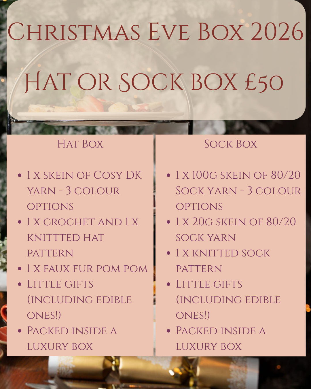 2026 Luxury Christmas Eve Crochet and Knitting Hat and Sock box kit - PRE-ORDER - Ships Nov/Dec