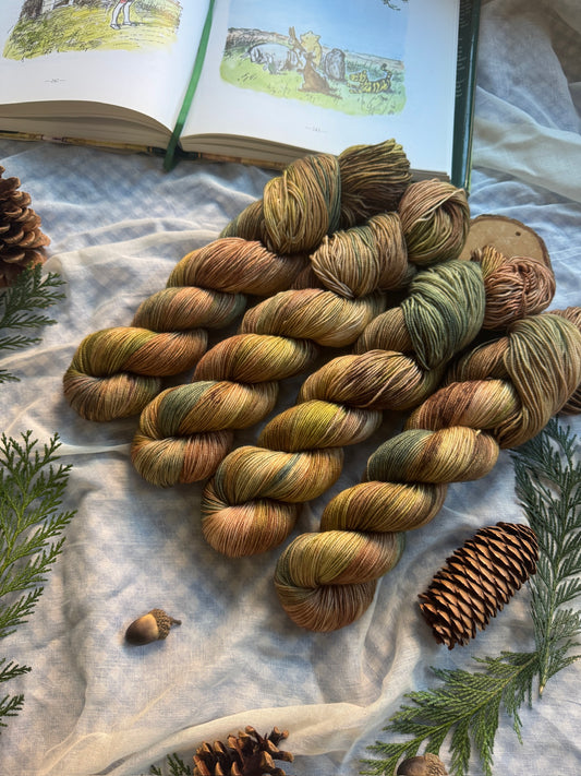 Fir Cones - Gold Sparkle Sock - Winnie the Pooh - hand dyed yarn - Ready to ship - NEW