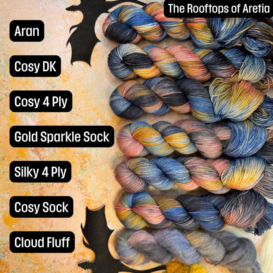 The Rooftops of Aretia Gold Sparkle Sock - Fourth Wing - Hand Dyed Yarn - NEW