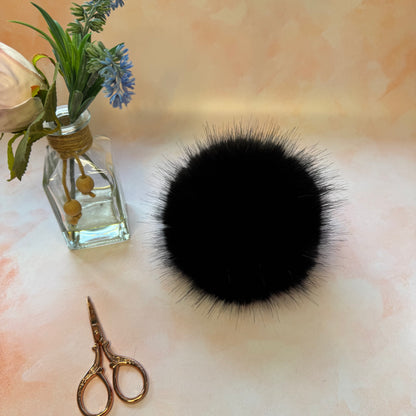 Puffball Black faux fur pom pom. Detachable option. Handmade - NEW