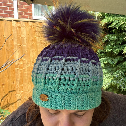 Green and Blue Waffle Hat - Crochet - SAMPLE SALE