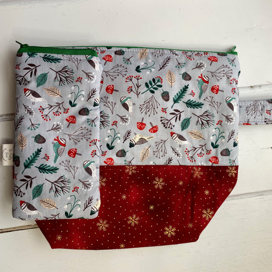 Christmas Birds hand made cotton Project Bag with magnetic accessories case
