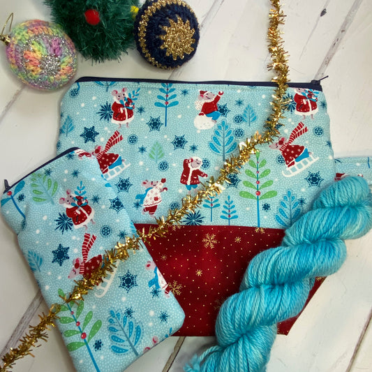 Christmas Mouse hand made cotton Project Bag with magnetic accessories case
