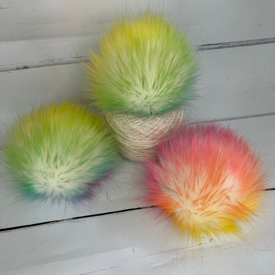 Pastel rainbow and white faux fur pom poms. Detachable option. Handmade