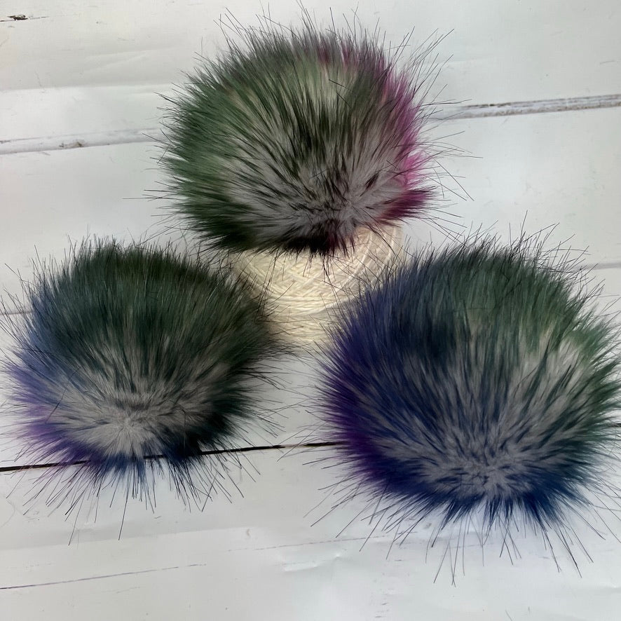 Aurora coloured faux fur pom pom. Detachable option. Handmade