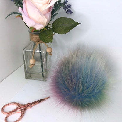 Blue pastel rainbow handmade faux fur pom pom. Detachable option. Handmade