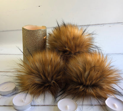 Golden brown and black tips handmade faux fur pom pom. Detachable option. Handmade