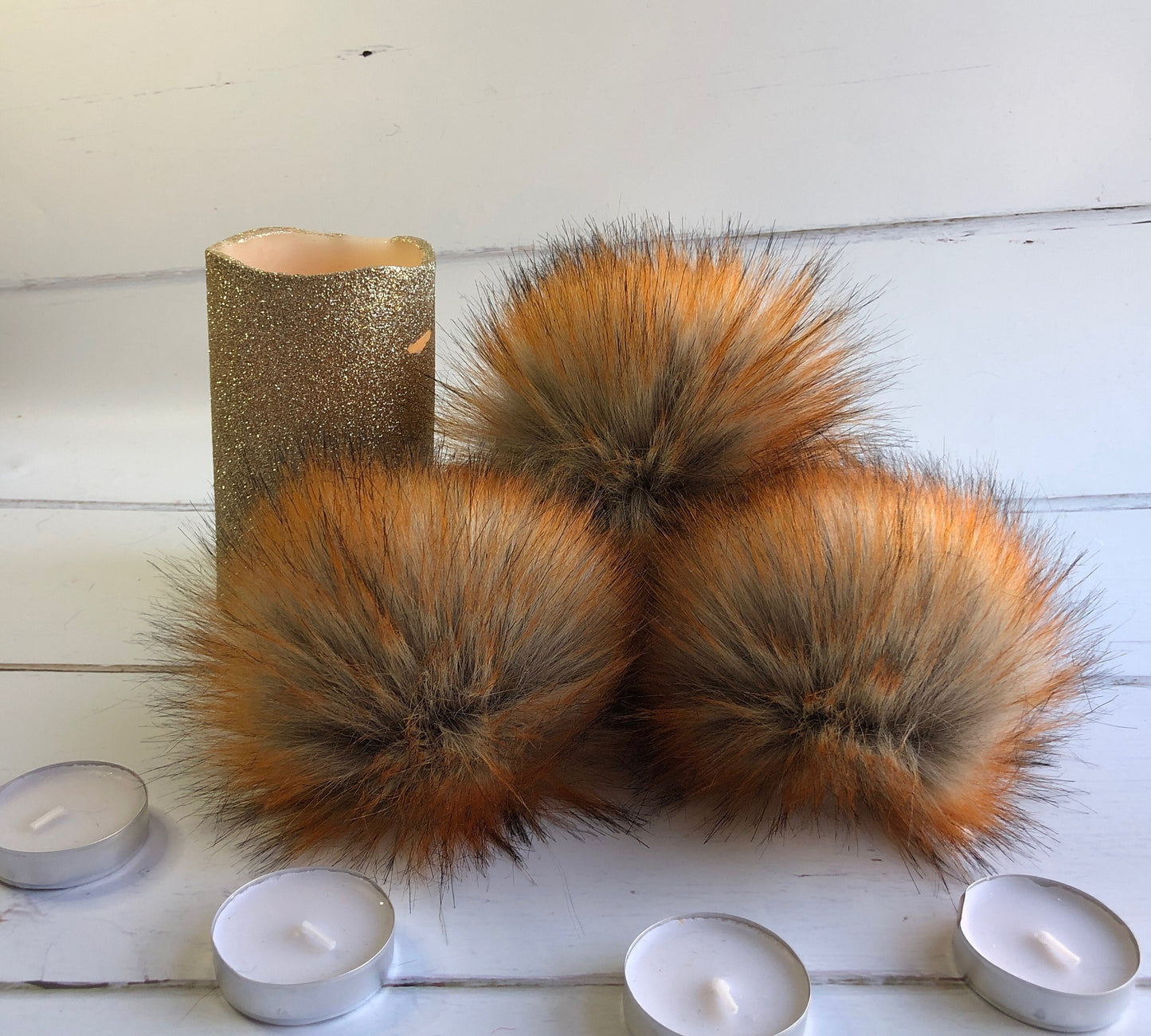 Foxy - Black, white, brown and ginger faux fur pom pom. Detachable option. Handmade