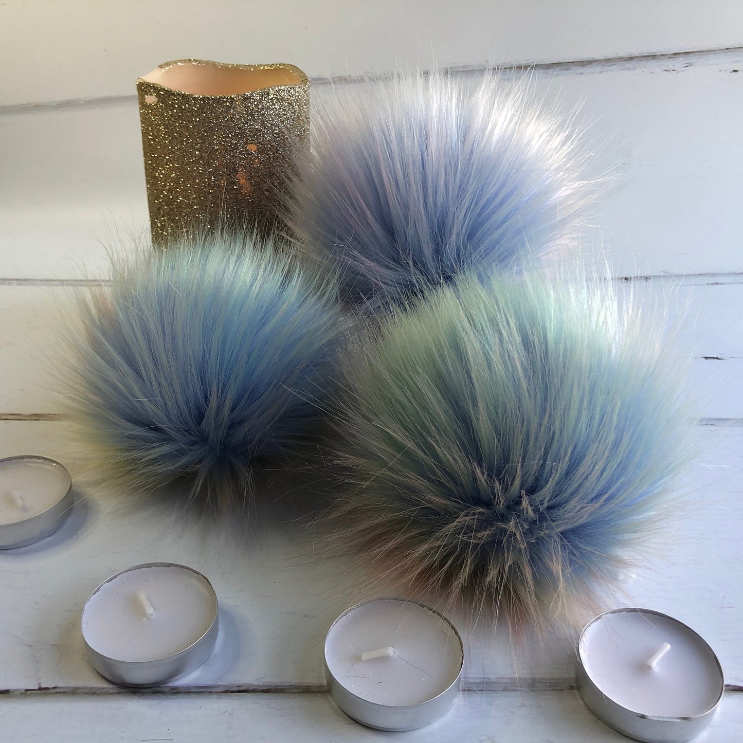 Blue pastel rainbow handmade faux fur pom pom. Detachable option. Handmade