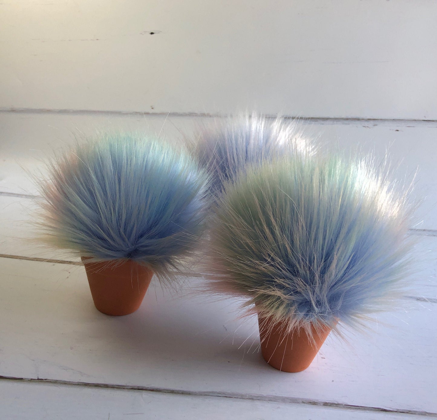 Blue pastel rainbow handmade faux fur pom pom. Detachable option. Handmade