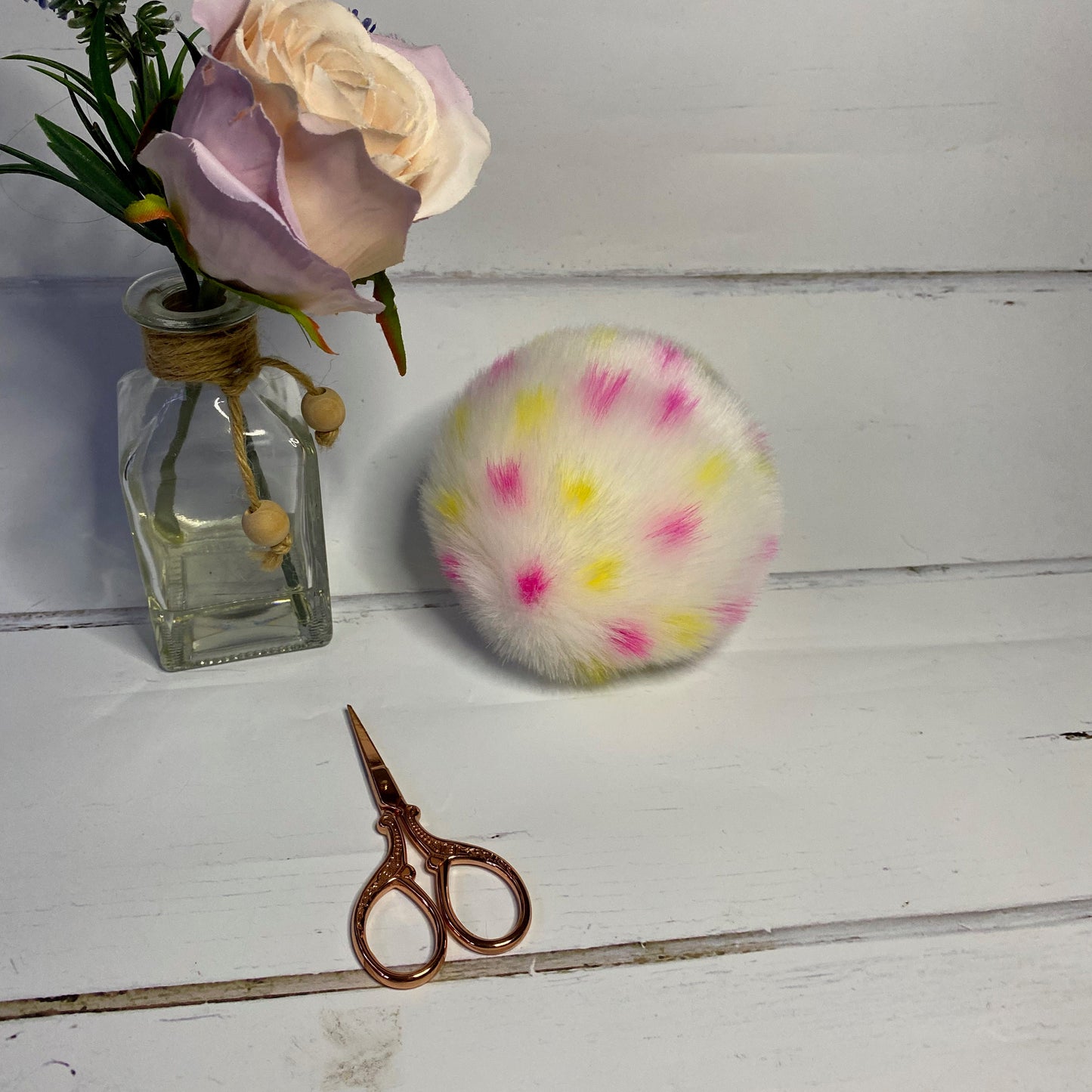 Polka Dot handmade faux fur pom pom. Detachable option. Handmade